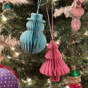 NWT pink Christmas tree, blue snowman glitter paper fold-away ornaments set of 2